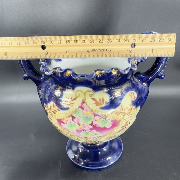 Antique Fine Porcelain Vase Vessel Footed Dish Bowl W Handles Decorated Ceramic - Picture 4 of 16